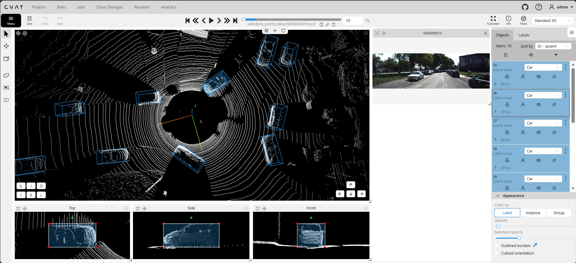 CVAT 3D annotation - 10 car objects with cuboids across point cloud