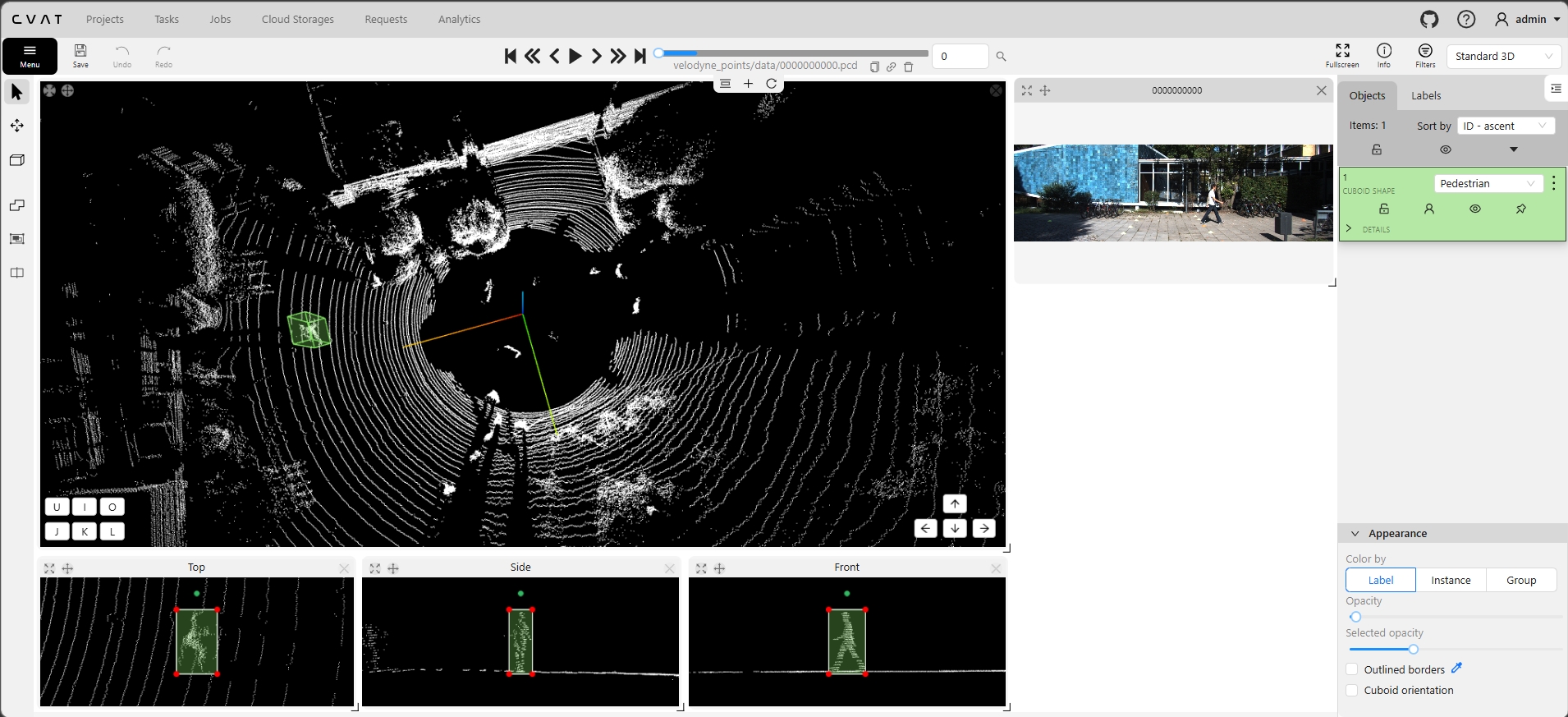 CVAT 3D annotation - pedestrian detection with green cuboid label