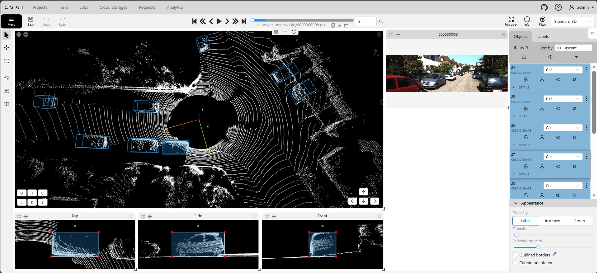 CVAT 3D annotation - 9 objects detected including cars with cuboid annotations
