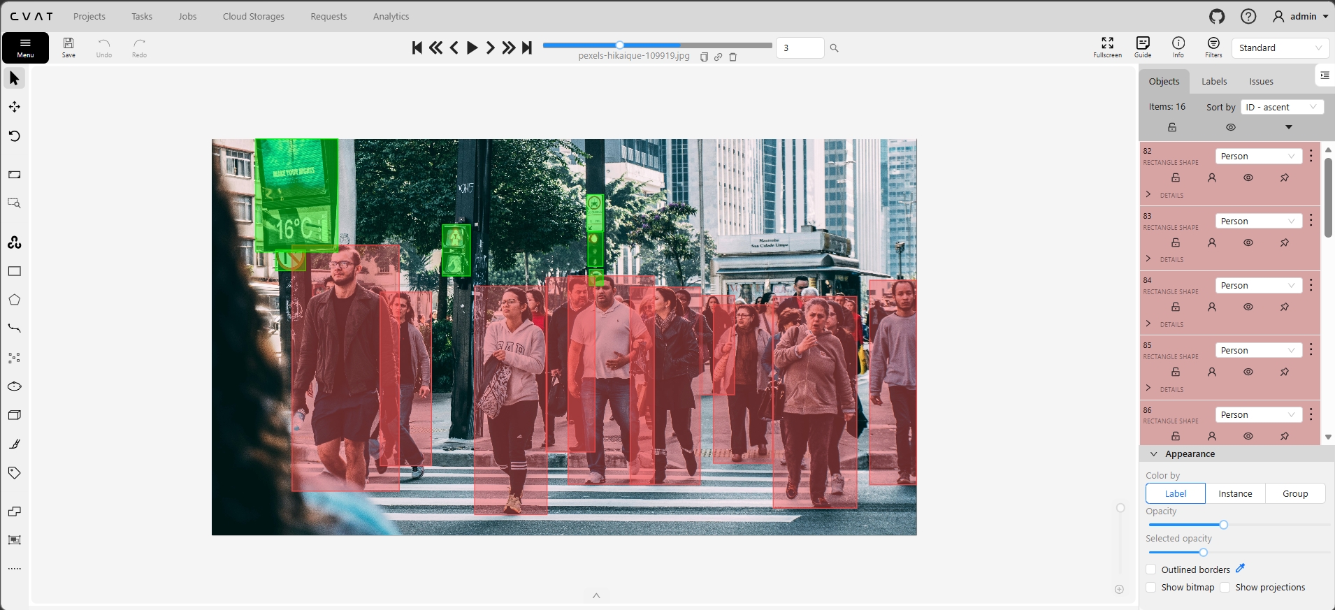 CVAT bounding box annotation - 16 person objects in street pedestrian scene
