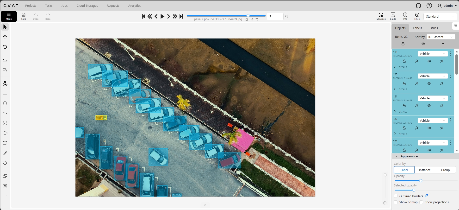 CVAT bounding box annotation - 22 vehicle objects in aerial parking lot view
