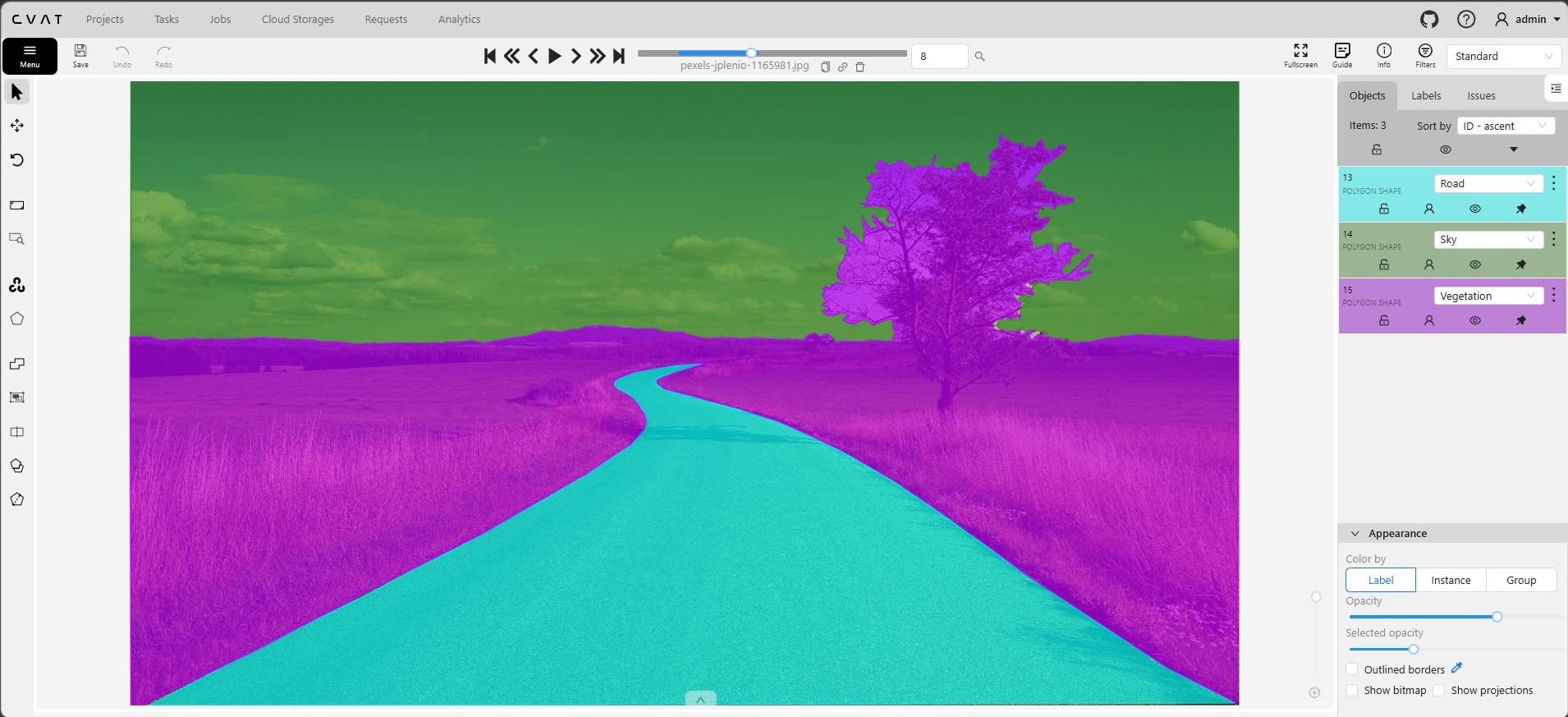 CVAT semantic segmentation - full-scene pixel-level parsing of urban driving scene with color-coded class labels